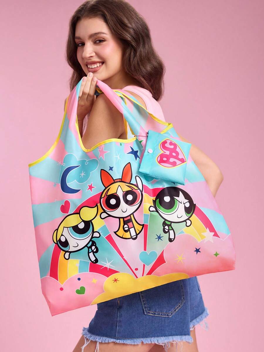 THE POWERPUFF GIRLS X SHEIN 卡通女孩印花可折疊購物托特包,大容量手提包,可折疊設計,適合日常購物、上學通勤 - 彩色 - 查看 1