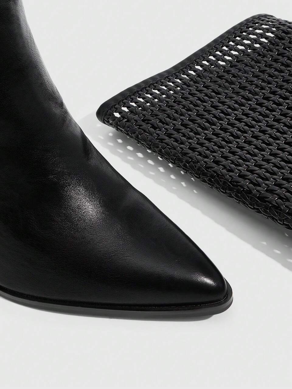 CUCCOO SZL Women's European And American Style Pointed Toe And Knee Boots Large Size Boots Autumn And Winter New Black PU Thick Heel High Boots Fall Boots