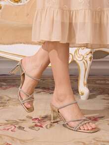 CUCCOO TILAWA Ladies Fashion Square Toe Rhinestone Decorative Elegant High Heel Sandals, Gold, Spring/Summer Shoes - Gold - View 9