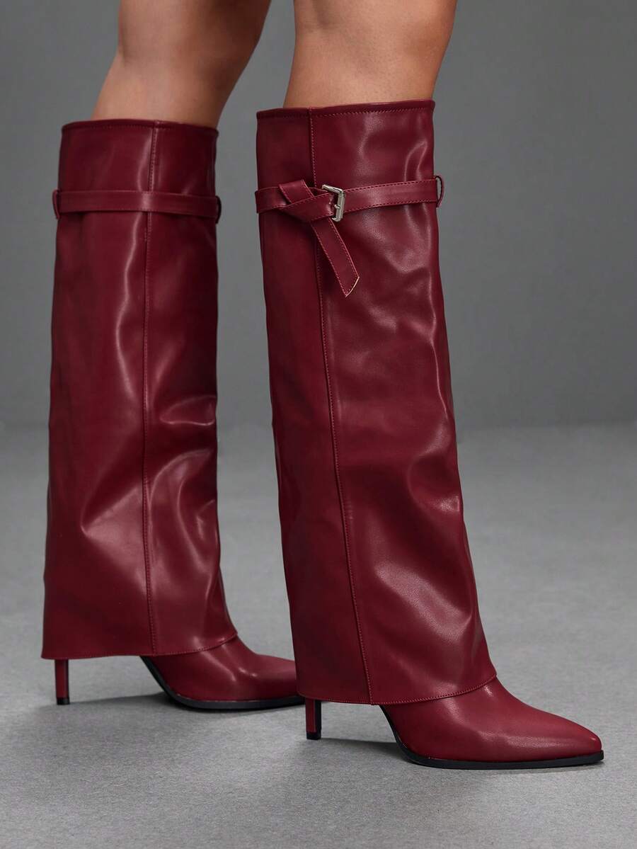 CUCCOO SZL Ladies Burgundy Autumn And Winter Pointed Stiletto Sleeve Stylish And Simple Daily Versatile And Thin Patent Leather Knee Boots - Burgundy - View 1