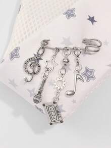 ROMWE Y2K Rock Music Style Silver Retro Fringed Brooch, Clothes Bag Accessories, Tape Microphone Notes Stars Sun Pendant, - Silver - View 5