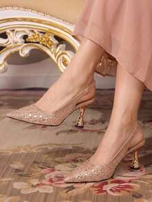 CUCCOO TILAWA Champagne Matte Mesh Sparkling Elegant Sexy Pointed Women's High Heels - Back Buckle Strap Exquisite And Stylish Design, Using Design Stiletto Women Fall Shoes - Champagne - View 2