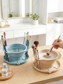 1pc Foldable Silicone Painting Brush Cleaner With Drying Rack And Storage Tray - Portable Washing Mat With Textured Base, Soft Silicone Material, Available In Pink, Blue, And Apricot, With Brush Holder, Suitable For Organizing Paint Brushes, Ideal - Multicolor - View 3
