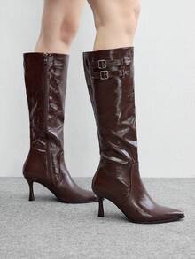 CUCCOO BIZCHIC Ladies' Shiny Double Buckle Straight Leg High Boots With Pointed Toes And Adjustable Drawstring, Maillard Retro Autumn And Winter Fashion Boots - Reddish-brown stiletto - View 1