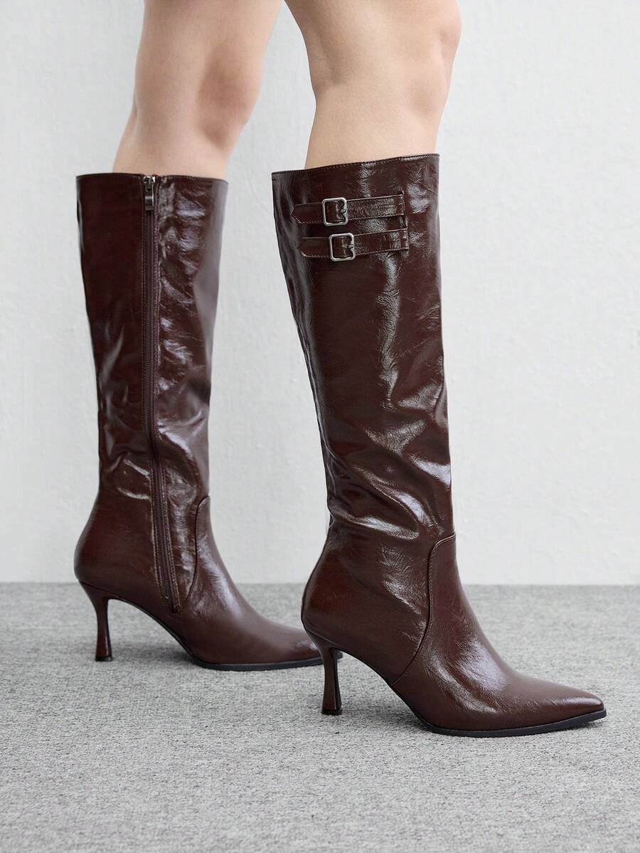 CUCCOO BIZCHIC Ladies' Shiny Double Buckle Straight Leg High Boots With Pointed Toes And Adjustable Drawstring, Maillard Retro Autumn And Winter Fashion Boots - Reddish-brown stiletto - View 1
