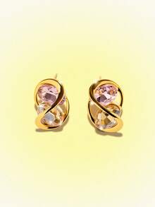 Popjeli Wrapped Twist Metal Pink Champagne Rhinestone Stud Earrings, Light Luxury Geometric Hollow Oval Exquisite Commuter Earrings - Gold - View 1