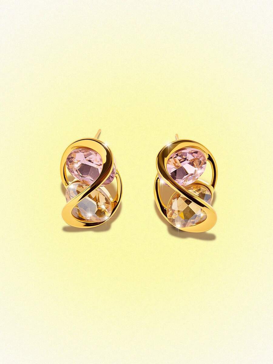 Popjeli Wrapped Twist Metal Pink Champagne Rhinestone Stud Earrings, Light Luxury Geometric Hollow Oval Exquisite Commuter Earrings - Gold - View 1