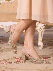 CUCCOO TILAWA Sepatu Wanita Hak Persegi dengan Hiasan Berlian Imitasi Kaca, Sepatu Hak Tinggi Wanita Berujung Lancip, Cocok untuk Acara Keluar Rumah, Perjamuan, Pesta, dan Kegiatan Lainnya - Emas pucat - View 11