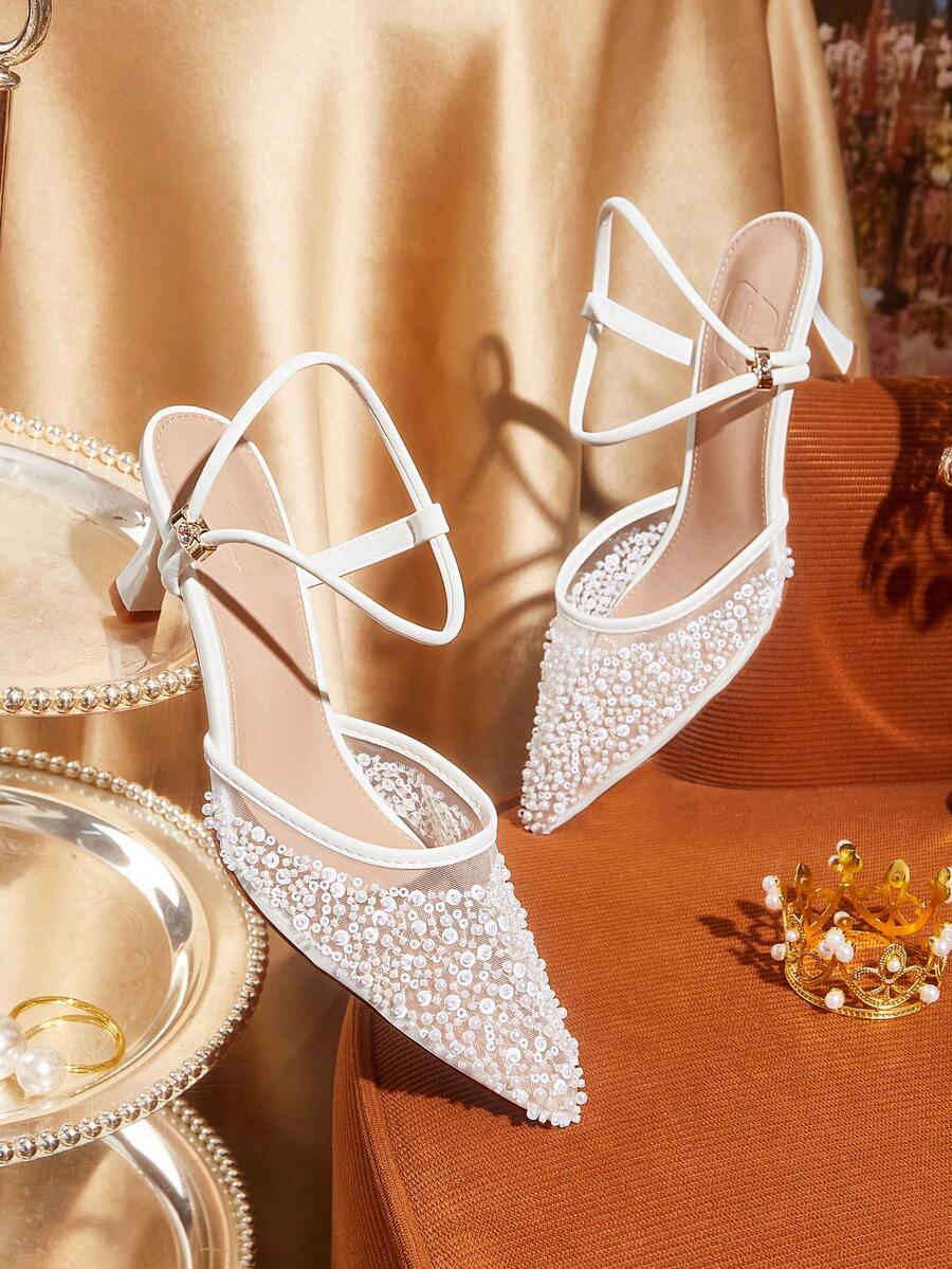 CUCCOO TILAWA Women Shoes Pearl Rhinestone Ornament Breathable Mesh, Pointed Thin Middle Heel, Elegant Wedding Shoe Style, White Strap Mules Sandals - Beige - View 1