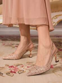 CUCCOO TILAWA Champagne Matte Mesh Sparkling Elegant Sexy Pointed Women's High Heels - Back Buckle Strap Exquisite And Stylish Design, Using Design Stiletto Women Fall Shoes - Champagne - View 6