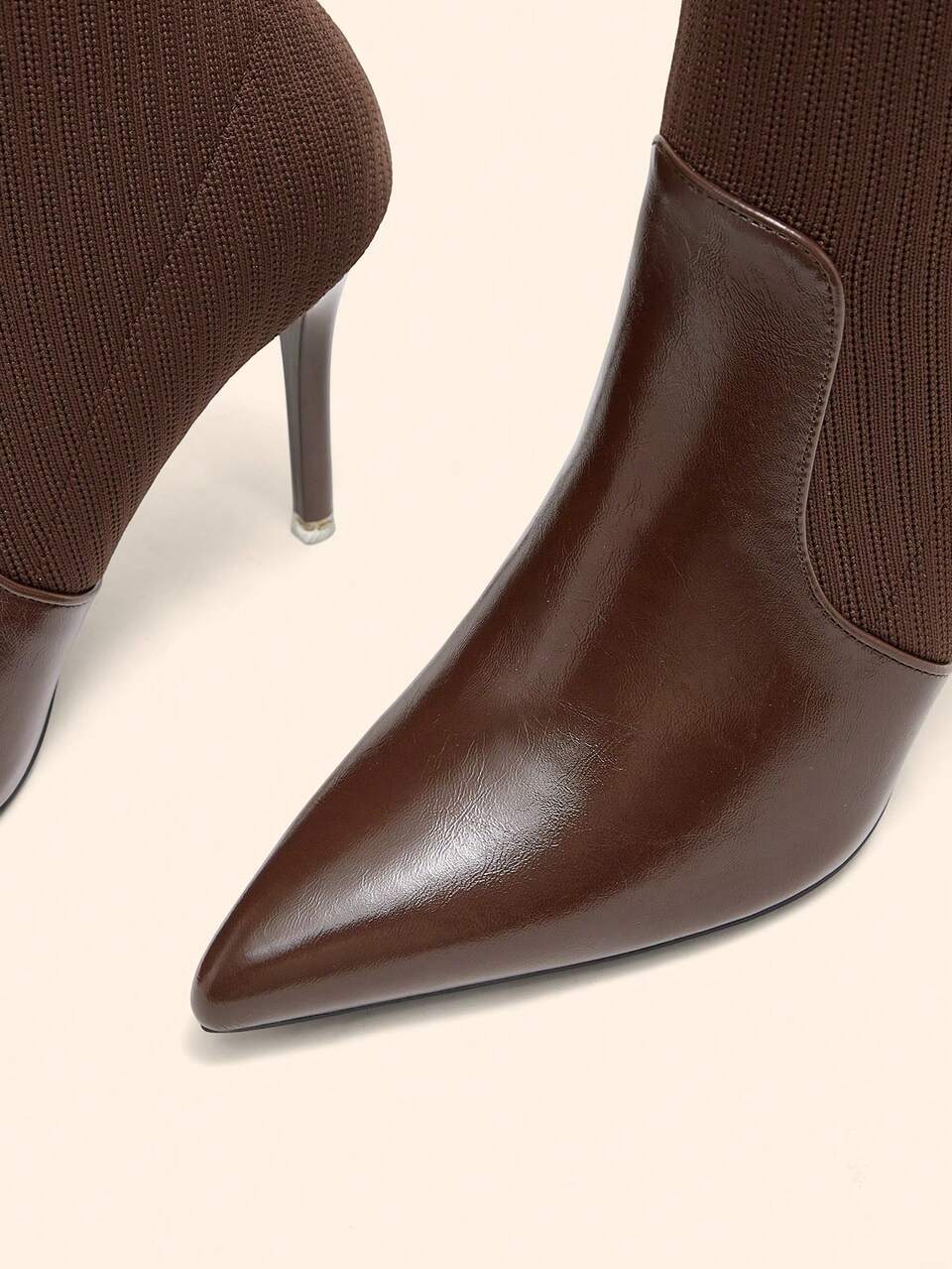 CUCCOO BASICS Women Shoes Pointed Stiletto Brown Knitted Women's And Ankle Boots Short Boots Fashion Sexy Comfortable Breathable Temperament Skinny Legs Stretch Wom