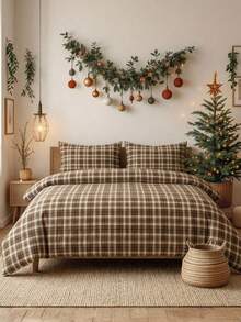 Cirelle 3pcs Brown Plaid Microfiber Duvet Cover Set, Soft Breathable Polyester Plaid Bedding Set With Zipper Closure & Pillowcases, Vintage Plaid Comforter Cover For Bedroom Decor (No Insert) - Multicolor - View 1