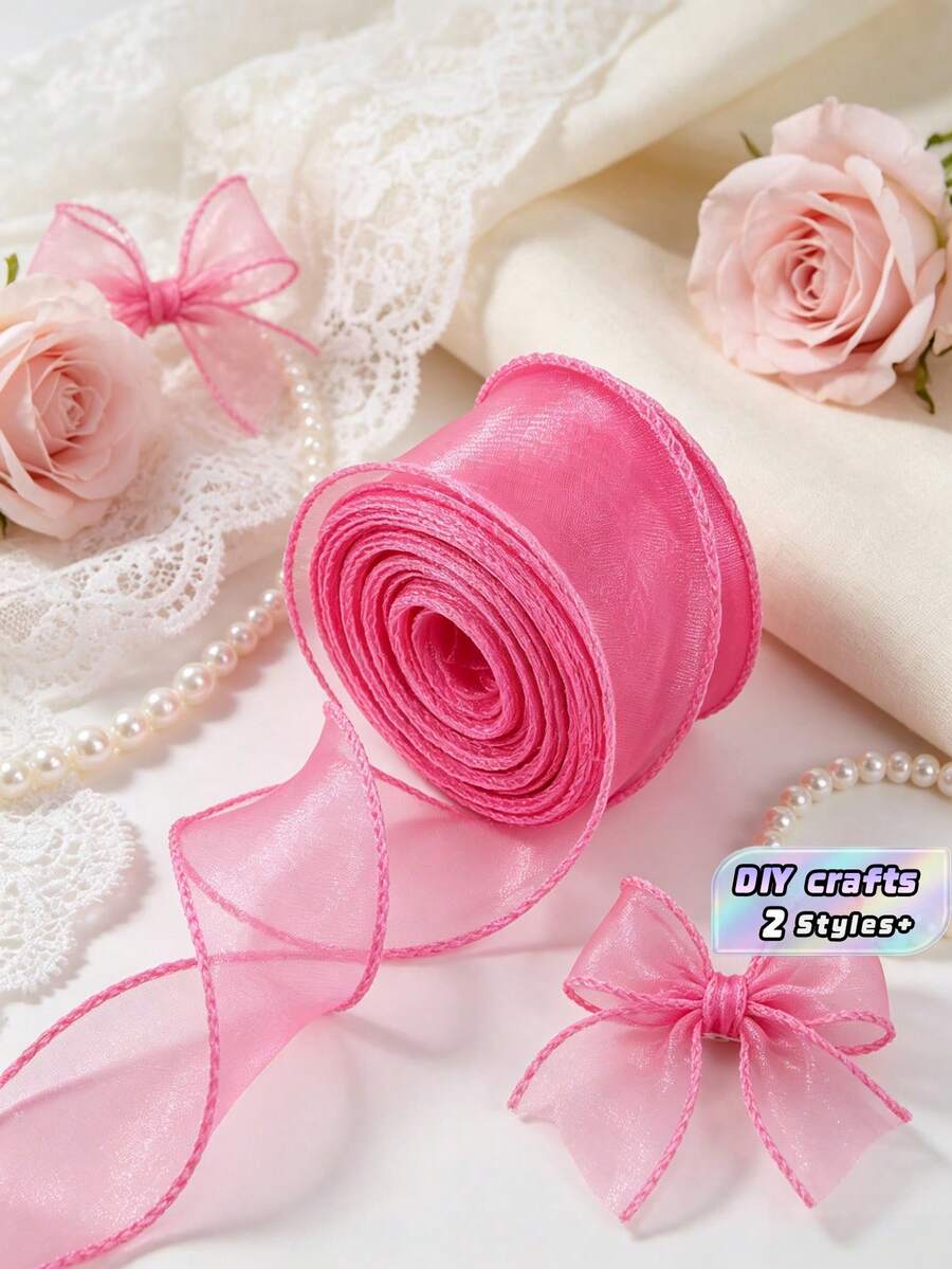 Rose Red Chiffon Tulle Ribbon For Gift Wrapping, Wedding Bouquets, DIY Crafts, Home Decor, Party Supplies & Elegant Packaging - rose red - View 1