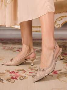 CUCCOO TILAWA Champagne Mesh Full Diamond Bow Back Empty Stiletto Sandals - Gold - View 4
