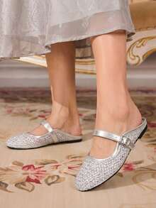 CUCCOO TILAWA Stylish And Elegant, Sparkling Rhinestone Mesh Mary Jane Mules Flats, Round Toe Sandals With Adjustable Buckle - Silver - View 8