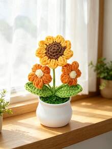 1件手工鉤編向日葵迷你盆栽裝飾品，編織仿真花盆，彩色花卉桌面裝飾，可愛辦公桌擺件，居家辦公室裝飾，甜美生日節日禮物 - 多色8 - 查看 17