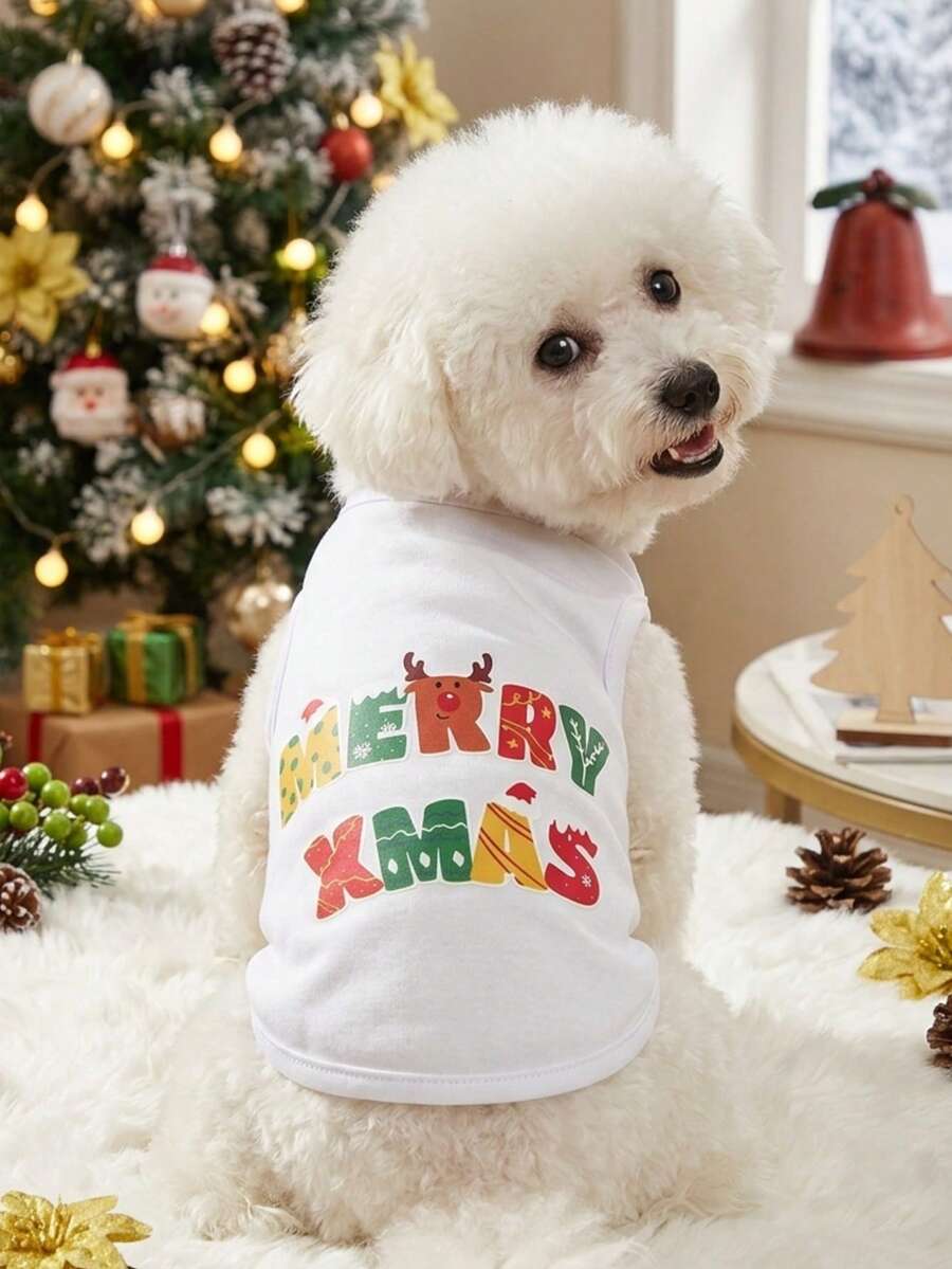 PETSIN 1pc Merry Christmas Graphic Print White Dog Tank Top - Multicolor - View 1