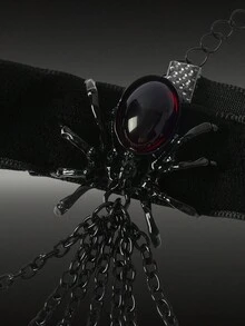 MortiRose Spider Choker Necklace With Red Crystal Drop Layered Chain Velvet Collar Y2K Punk Jewelry - Black - View 4