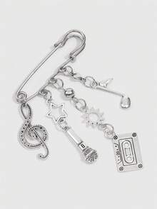 ROMWE Y2K Rock Music Style Silver Retro Fringed Brooch, Clothes Bag Accessories, Tape Microphone Notes Stars Sun Pendant, - Silver - View 2