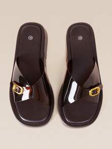 HighSole Transparent Broadband Metal Buckle Slippers Open-Toe Thick Bottom Minimalist Casual Holiday Slippers - Coffee Brown - View 5
