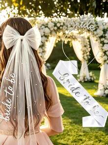 1套白色珍珠蝴蝶結婚紗頭紗頭飾 肩帶髮飾 新娘單身派對拍照道具 新娘頭紗禮物 - 多色 - 查看 9