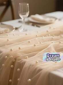 1pc Pearl Table Runner - Transparent Chiffon Fabric, Pearl Chiffon Decorated Table Runner Pearl Mesh Cake Dessert Table Tablecloth Solid Color Beautiful Background Cloth, Suitable For Wedding, Bridal Shower - Multicolor - View 2