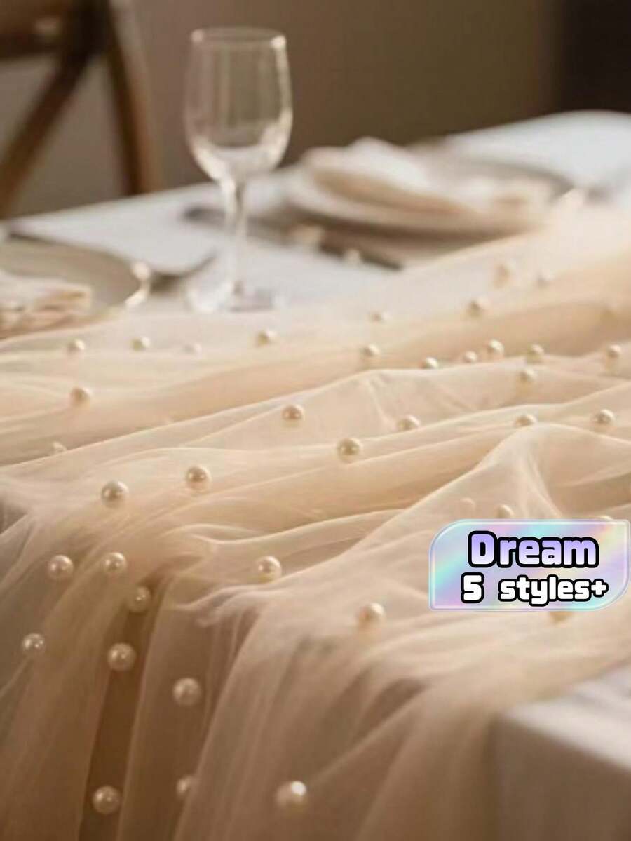 1pc Pearl Table Runner - Transparent Chiffon Fabric, Pearl Chiffon Decorated Table Runner Pearl Mesh Cake Dessert Table Tablecloth Solid Color Beautiful Background Cloth, Suitable For Wedding, Bridal Shower