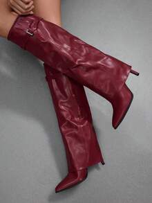 CUCCOO SZL Ladies Burgundy Autumn And Winter Pointed Stiletto Sleeve Stylish And Simple Daily Versatile And Thin Patent Leather Knee Boots - Burgundy - View 2