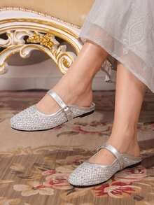 CUCCOO TILAWA Stylish And Elegant, Sparkling Rhinestone Mesh Mary Jane Mules Flats, Round Toe Sandals With Adjustable Buckle - Silver - View 2