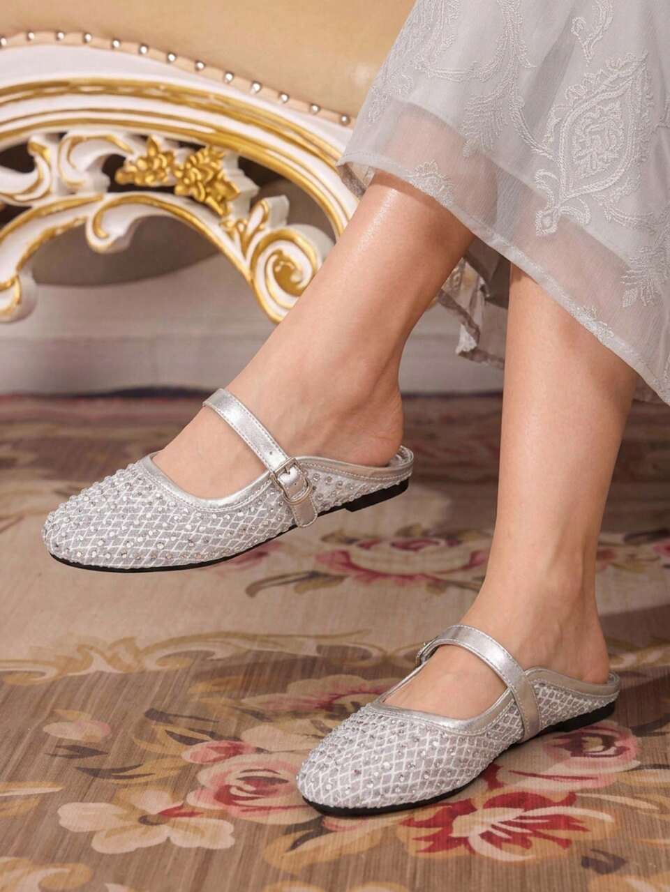 CUCCOO TILAWA Stylish And Elegant, Sparkling Rhinestone Mesh Mary Jane Mules Flats, Round Toe Sandals With Adjustable Buckle Fall Shoes
