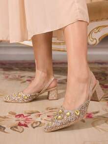CUCCOO TILAWA Sepatu Wanita Hak Persegi dengan Hiasan Berlian Imitasi Kaca, Sepatu Hak Tinggi Wanita Berujung Lancip, Cocok untuk Acara Keluar Rumah, Perjamuan, Pesta, dan Kegiatan Lainnya - Emas pucat - View 8