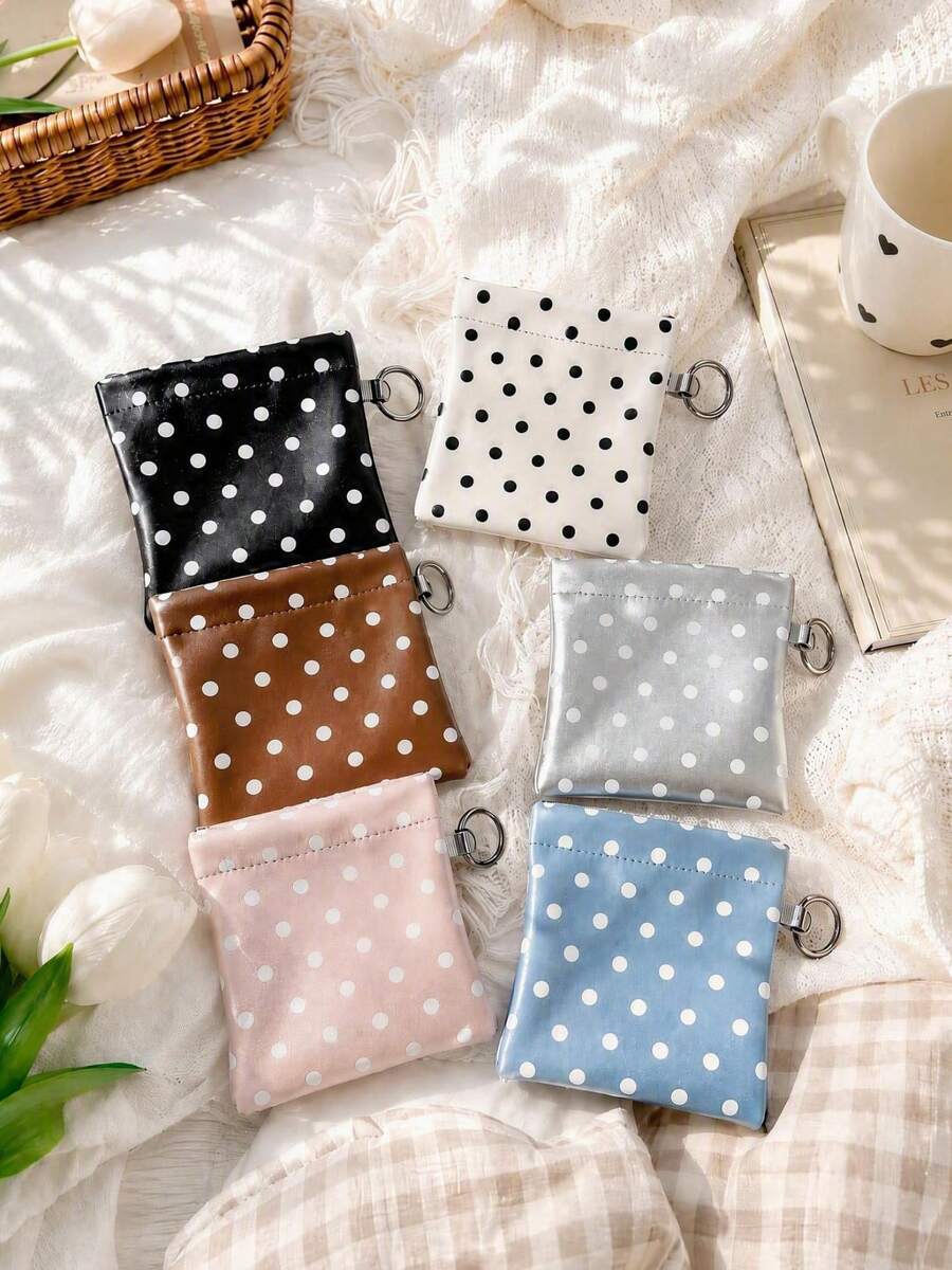 Haus Hana Spring‑Steel Opening Polka‑Dot PU Pouch, Portable Lipstick Coin Purse With Hanging Loop For Cards & ID Storage - Multicolor - View 1