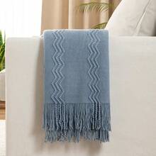 Cirelle Cozy Knitted Throw Blanket For Couch Sofa, Dusty Blue Decorative Blanket With Fringe Tassels, Texture Cable Knit Wave Pattern Throw For Chair Bed Living Room, Soft Light Weight Warm Decorative Home Decor - sky blue - View 3