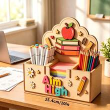 1pc 25.4cm Wooden Desk Organizer With Apple Pencil Rainbow Pattern Multi Compartment Pen Holder For Teacher Office Classroom Decor All Seasons. - Multicolor - View 5