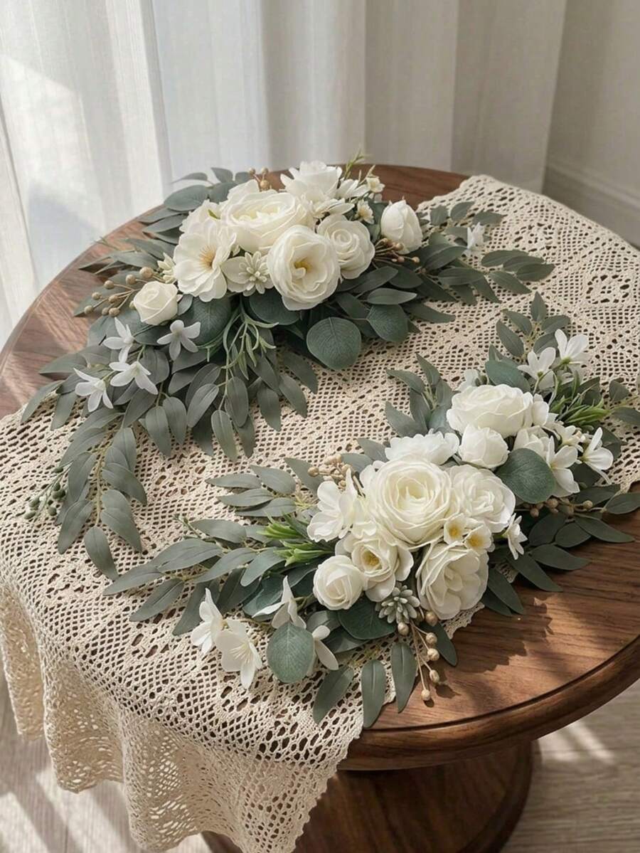 Cirelle 2pcs Artificial White Rose Wedding Arch Flowers Swag, Faux Silk Floral Swag Kit With Eucalyptus Leaves & Berries For Ceremony Arch, Reception, Door & Backdrop Decor - Multicolor - View 1