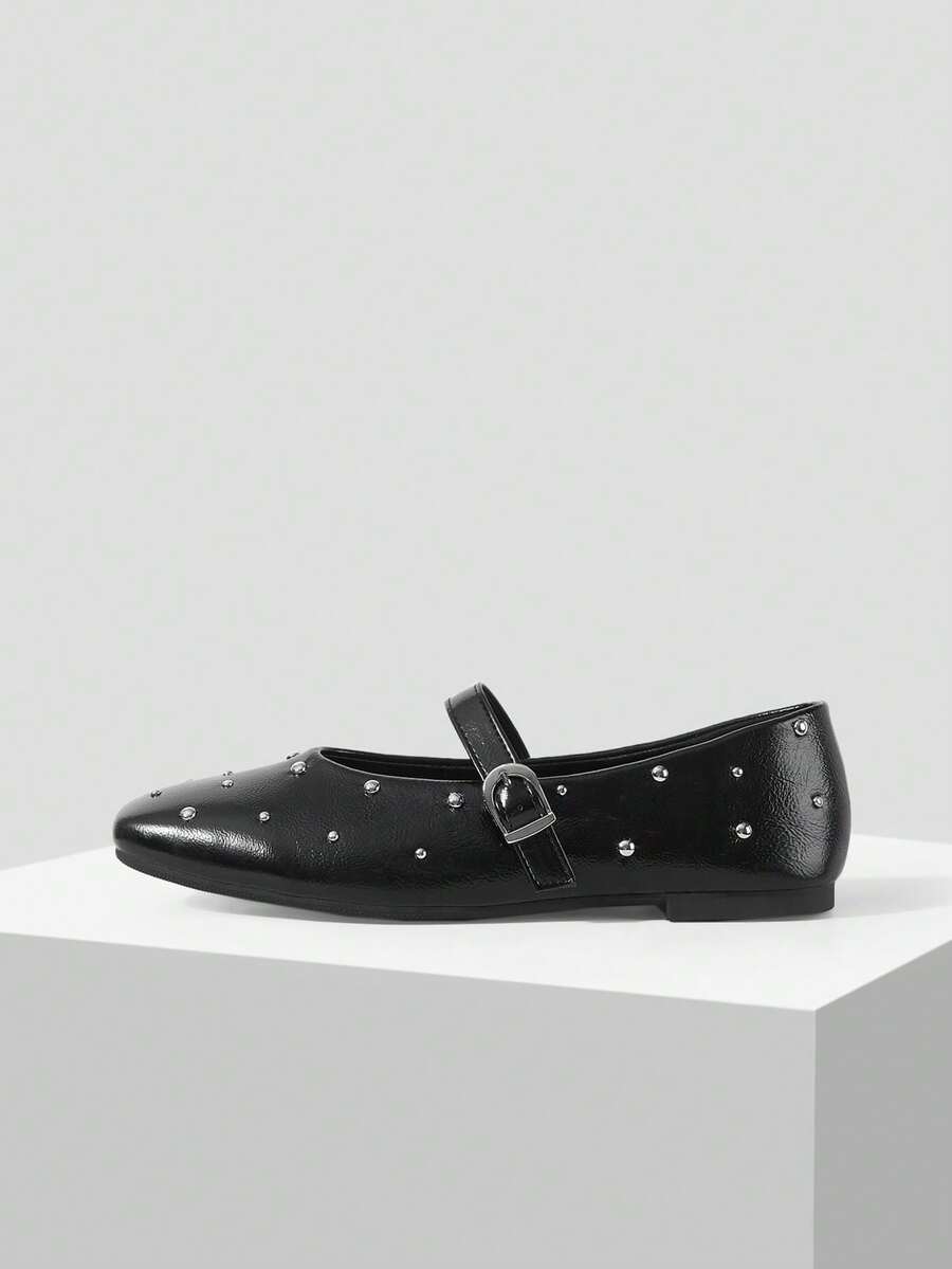 MOTF PREMIUM FEET STRAPS MARY JANE FASHION RIVETS CLASSIC VERSATILE SUITABLE FOR COMMUTING HOLIDAY FLAT SHOES - Black - View 2