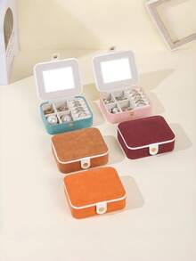 Portable Jewelry Box PU Leather Velvet Lining With Mirror Button Closure Earring Stud Ring Necklace Organizer Exquisite Compact Travel Case Thanksgiving Gift For Women Girls Home Dresser Trip - a - View 4
