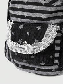 ROMWE Kawaii 1Pc Y2K Vintage Striped Plaid Backpack, Star‑Print Flap Shoulder Bag With Lace Ruffle Trim, Back‑To‑School & Travel Daypack - Black - View 5