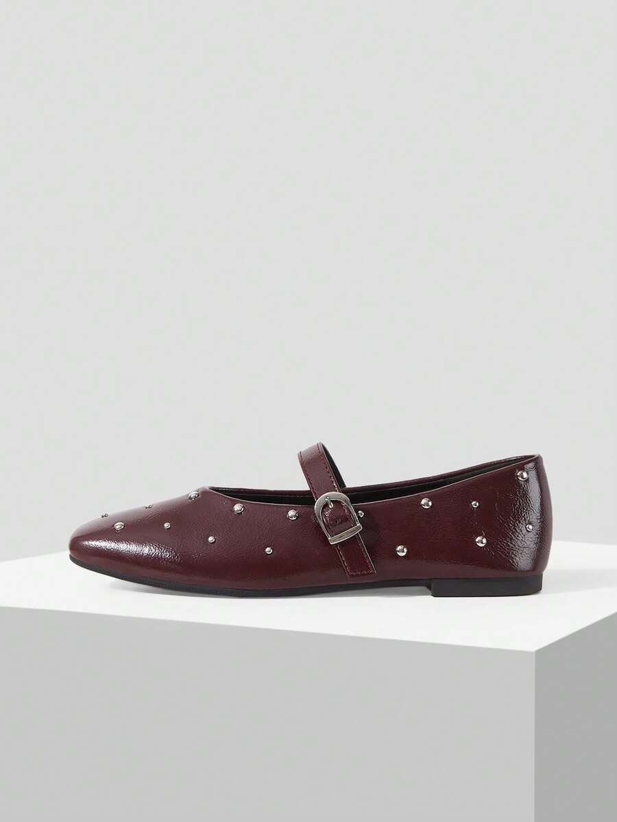MOTF PREMIUM FASHION RIVETS CLASSIC VERSATILE SUITABLE FOR COMMUTING HOLIDAY LOW VAMP FLAT SHOES, MARY JANE, FLAT BOTTOM LOW VAMP - Burgundy - View 2
