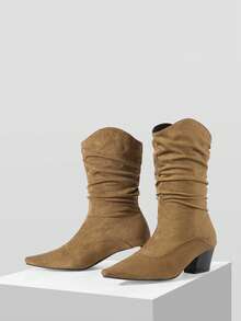 MOTF PREMIUM WOMEN'S AUTUMN AND WINTER SUEDE MEDIUM BOOTS WOMEN'S, LAZY PLEATED PILE BOOTS, POINTED THICK HEEL WESTERN RETRO BOOTS - Brown - View 4