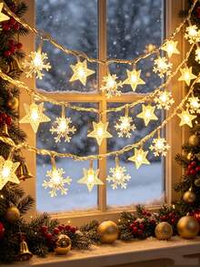 Teckwe 1pc1.5/3/6/10m Christmas Decoration Snowflake Star String Light, Battery Powered, LED Star Fairy String Light For Christmas Indoor Room Wall Decoration, Christmas Party Christmas Tree Decoration Snowflake String Light, Winter Home Decoration Light - Transparent - Snowflake + Star - View 6
