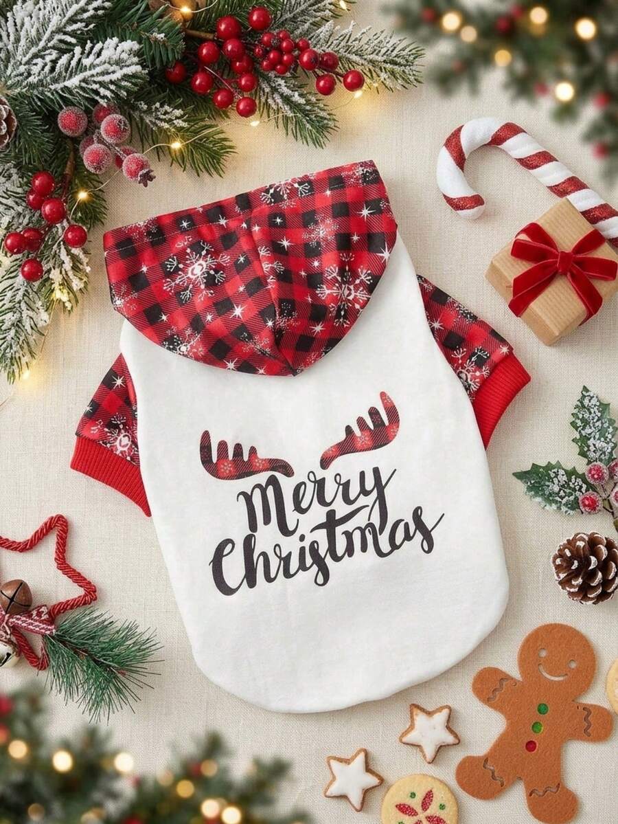 PETSIN 1pc Pet Christmas Plaid Letter Print Hooded Sweatshirt - Multicolor - View 1