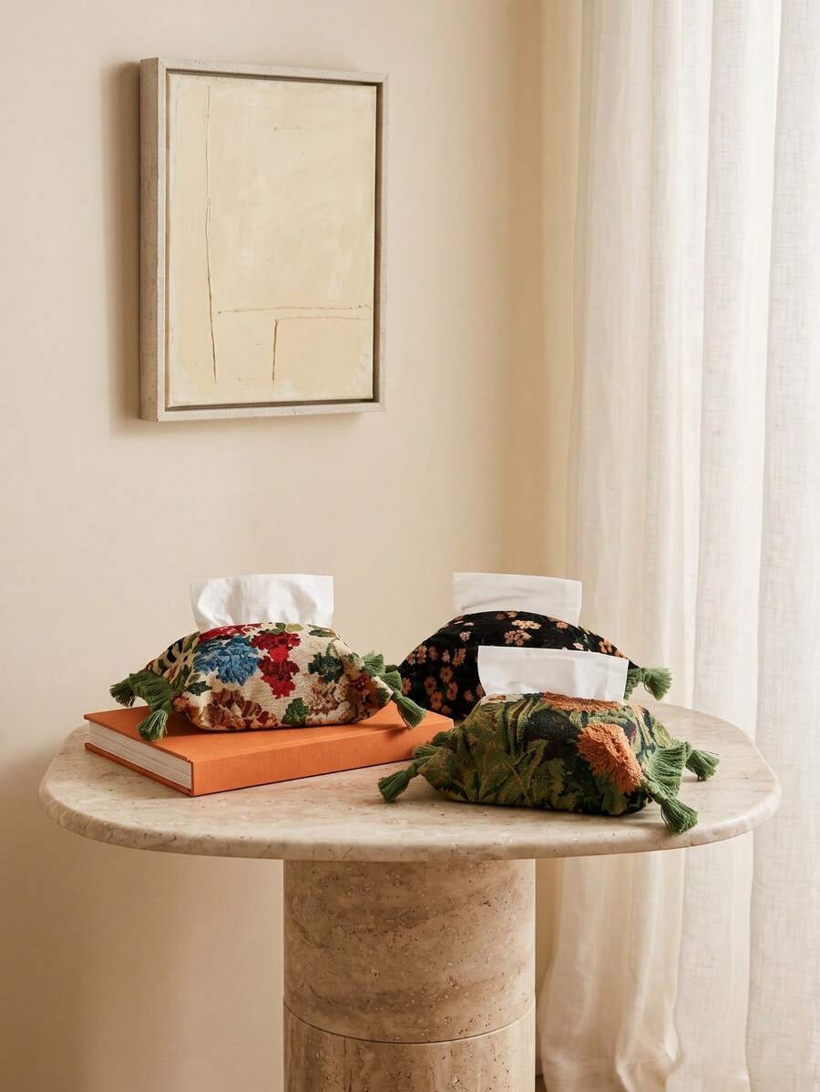 Cirelle 1pc Vintage Floral Fabric Tissue Box Cover – Decorative Tissue Box Holder With Tassel Fringe Trim, Fits Standard Square Tissue Boxes, Soft Cloth Tissue Dispenser For Bedside, Bathroom, Living Room Bedroom Home Decor - Multicolor - View 1