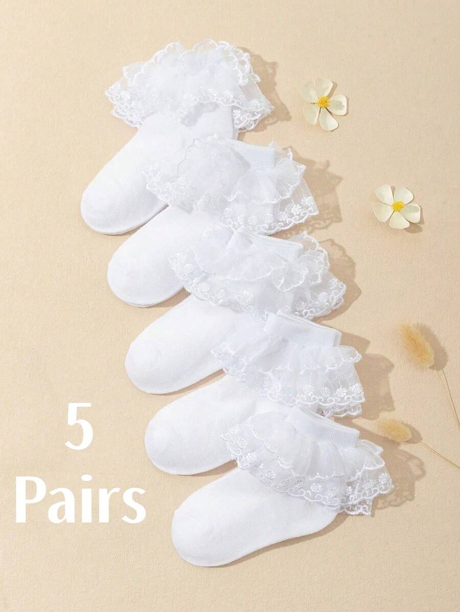SHEIN 5雙裝嬰兒蕾絲襪,適合中大童,公主風蕾絲襪 - 白色 - 查看 1