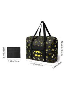 BATMAN X SHEIN 黑色蝙蝠標誌印花可折疊大號旅行托特包，前置拉鍊口袋，可折疊設計，適合旅行、健身房與日常行李收納 - 黃色和黑色 - 查看 6