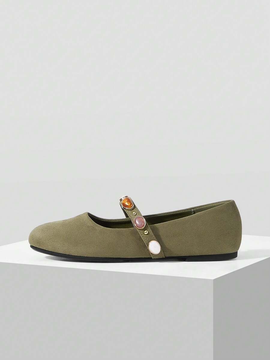 MOTF PREMIUM WOMEN'S RETRO GEM MARY JANE FLATS, BROWN SUEDE ROUND TOE ELASTIC STRAP BALLET SHOES FOR DAILY & OFFICE - Army Green - View 2