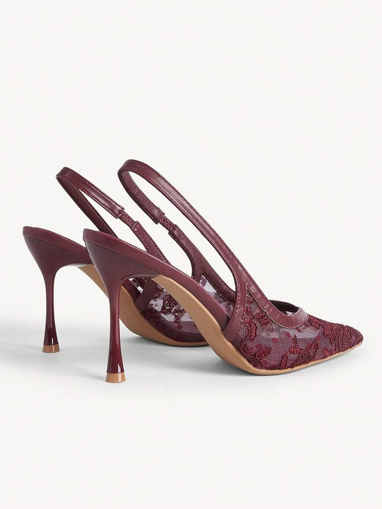 CUCCOO CHICEST Women's Burgundy Pointed Toe Stiletto High Heel Lace Mesh Slingback Pumps Elegant Party Evening Shoes - Burgundy - View 4