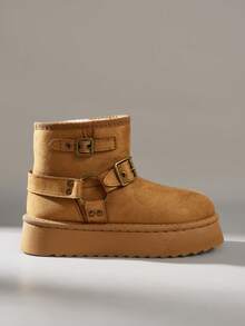 Solecia New Fashion Vintage Metal Buckle Thick Sole Brown Snow Boots With Thermal Lining And Thick Fur Ankle Boots Platform Sole Warm Winter Women's Boots - Camel - View 2
