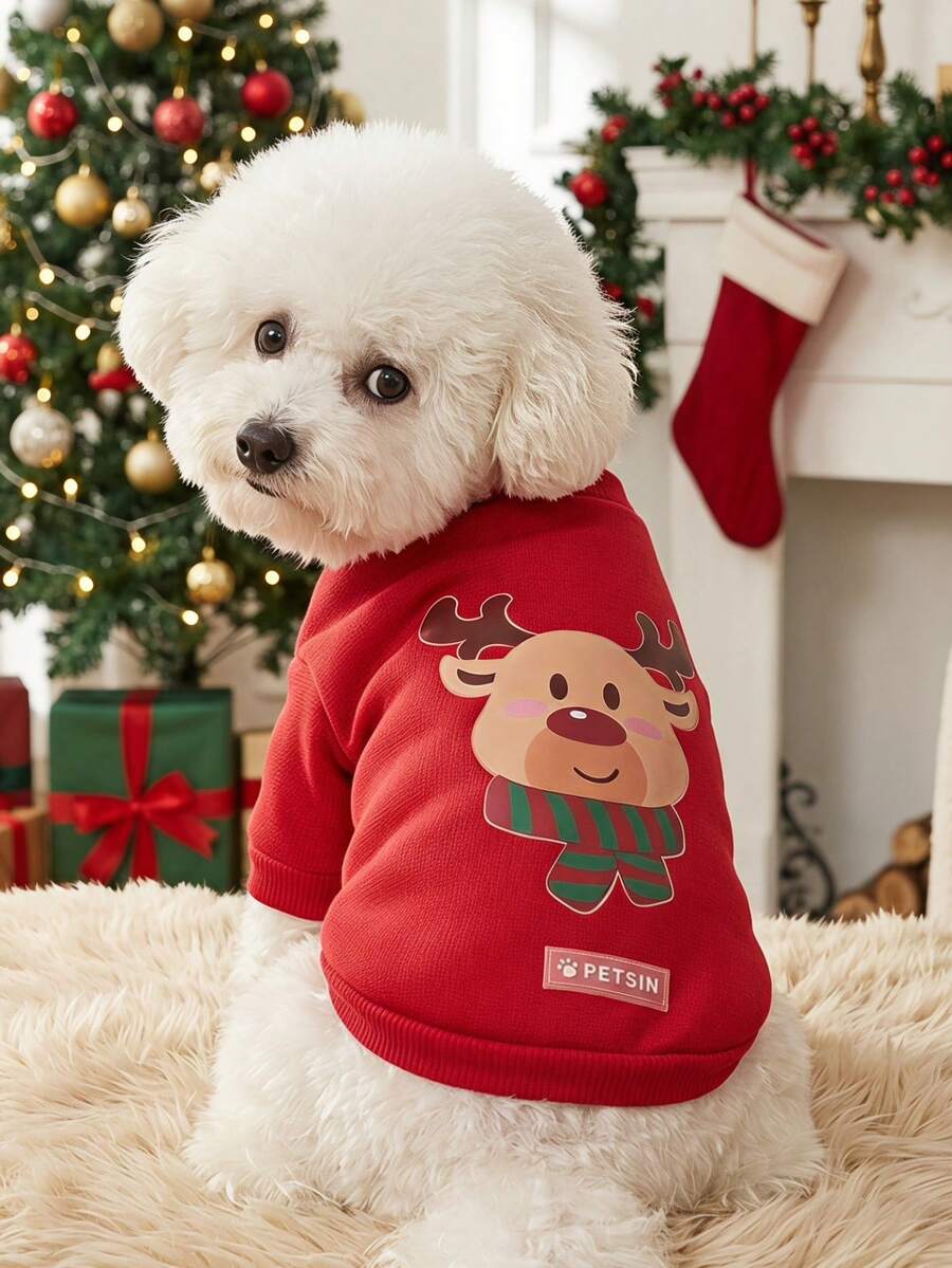 PETSIN 1件可愛聖誕馴鹿印花紅色狗狗抓絨衛衣,保暖寵物服飾 - 彩色 - 查看 1