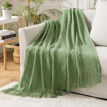 Cirelle Cozy Knitted Throw Blanket For Couch Sofa, Green Decorative Blanket With Fringe Tassels, Texture Cable Knit Wave Pattern Throw For Chair Bed Living Room, Soft Light Weight Warm Decorative Home Decor - Green - View 4